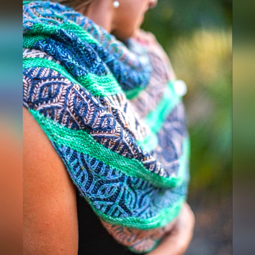 Hand Knitted Triangular Brioche Scarf One Of A Kind Hand Dyed Blue Beige Green